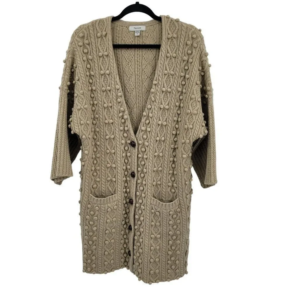 Vintage 70's Faconnable cardigan sweater wool‎ long 3D knobby granny core tan S